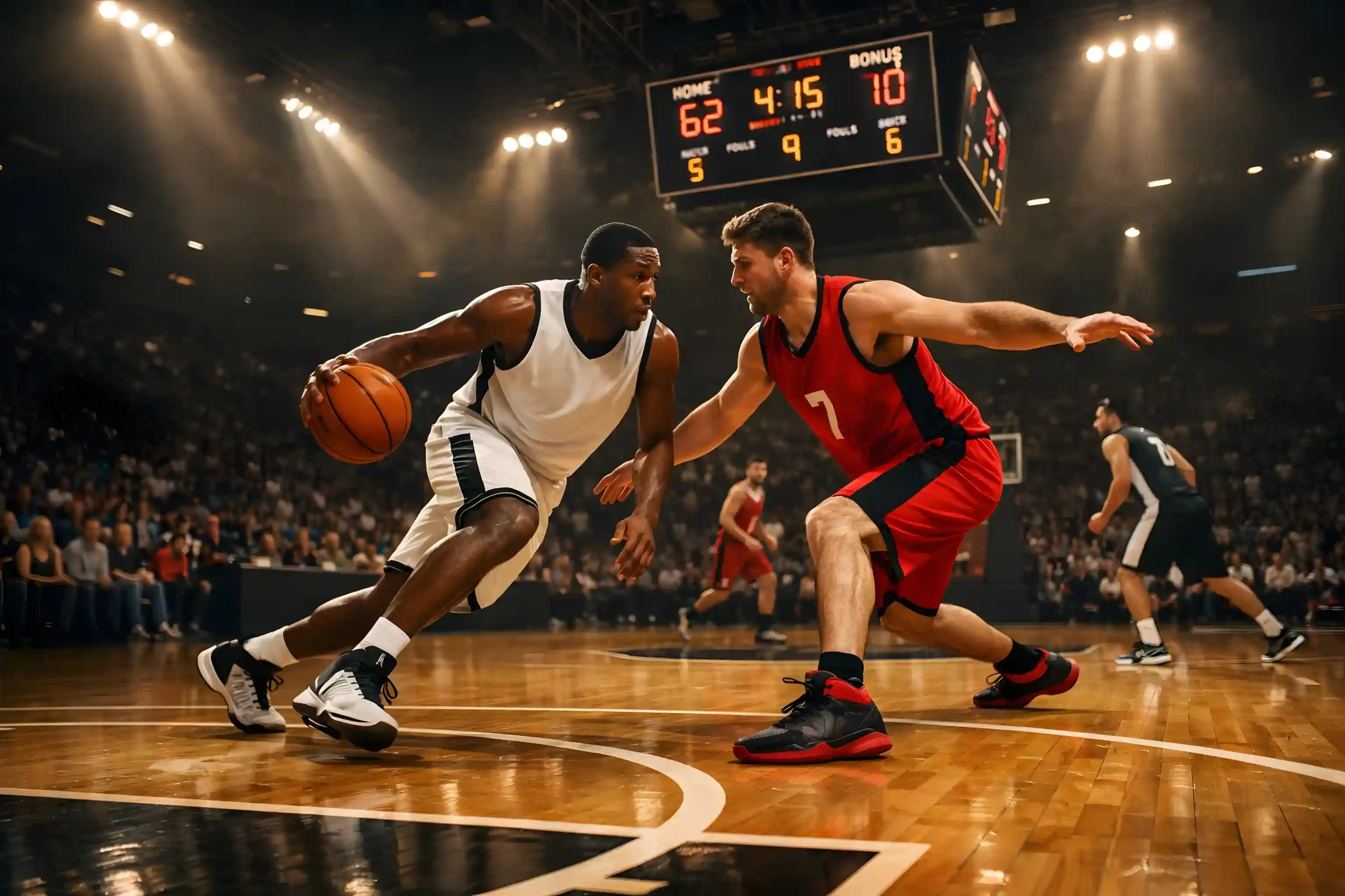 Παίκτες μπάσκετ σε αγώνα με πίνακα σκορ στο βάθος