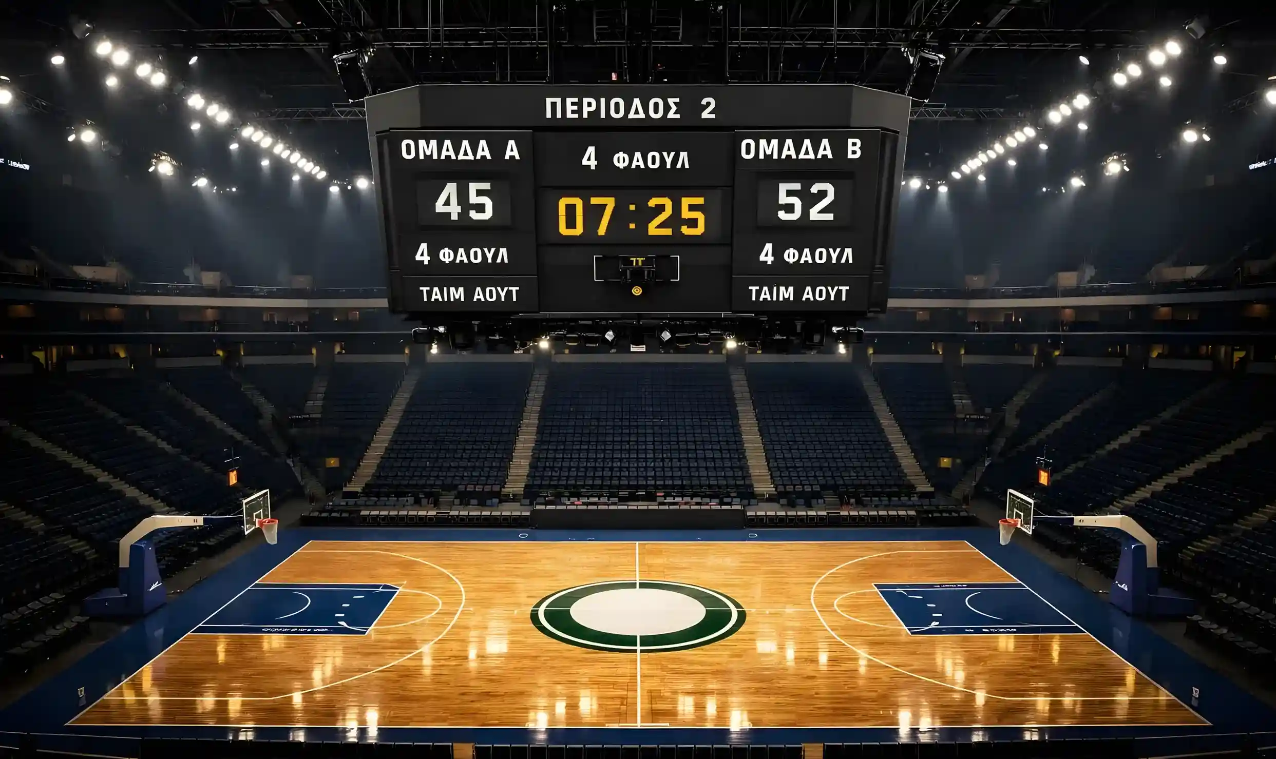 Γήπεδο μπάσκετ κατά τη διάρκεια αγώνα με φωτεινό σκορ