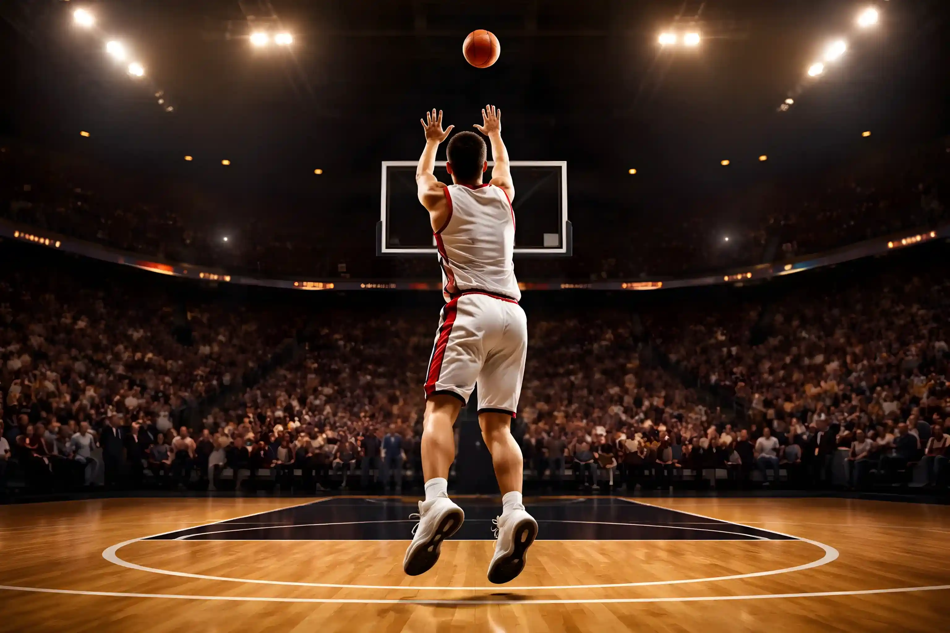 Μπασκετμπολίστας σουτάρει τρίποντο σε γεμάτο γήπεδο