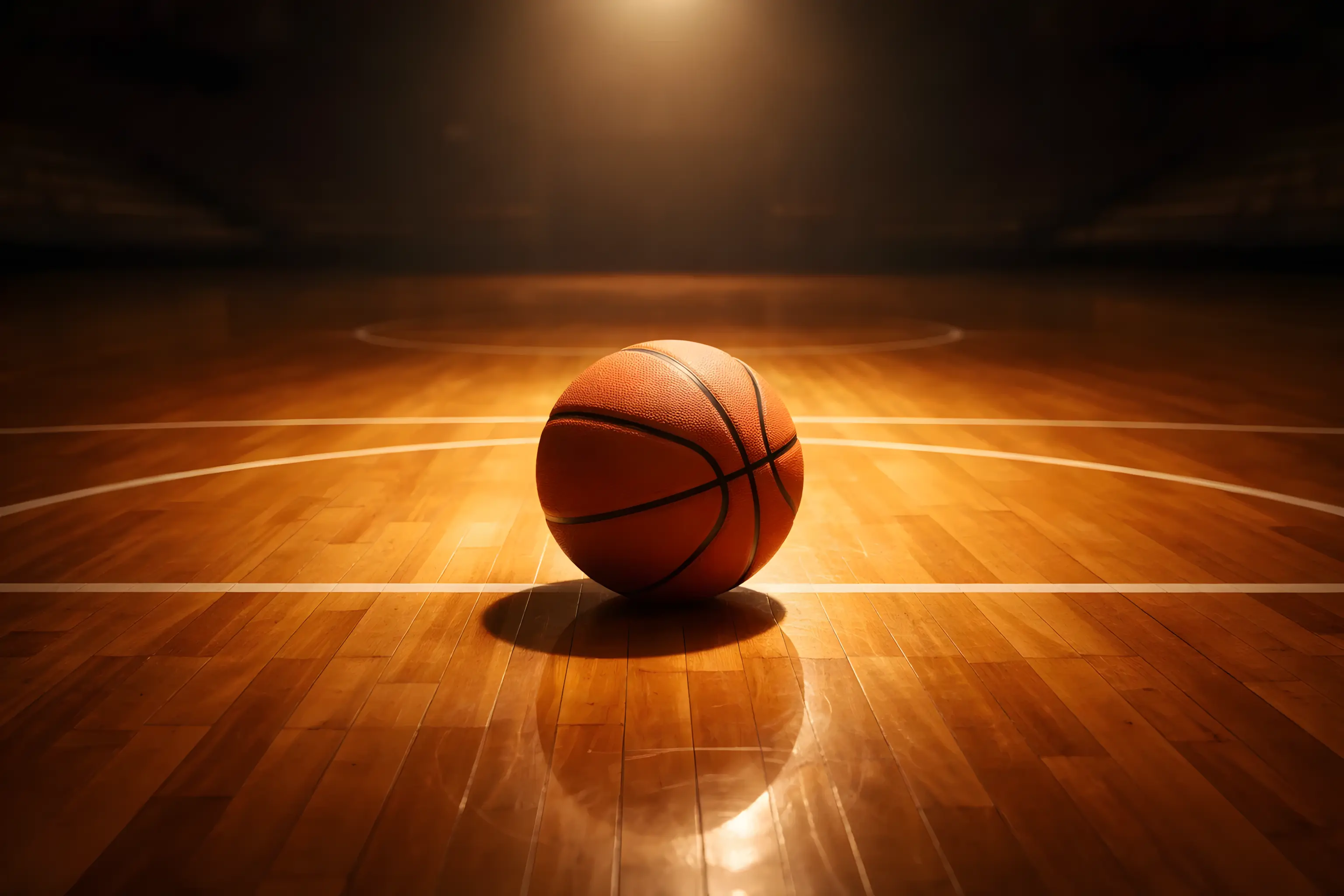 Μπάλα μπάσκετ σε φωτισμένο παρκέ γήπεδο με θερμό φωτισμό