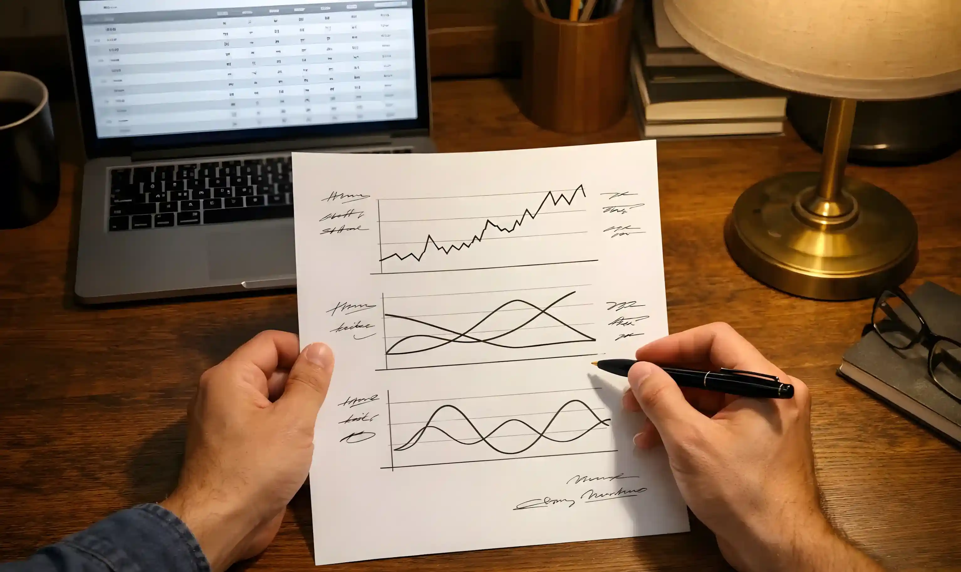 Άνθρωπος μελετά σημειώσεις και γραφήματα ανάλυσης μπάσκετ